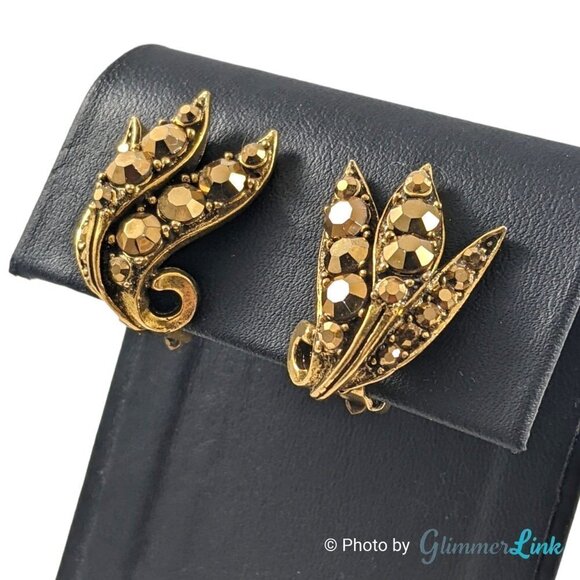 VTG Weiss Aurum Metallic Rhinestones Triple Leaf Bronze Tone Clip On Earrings - Picture 3 of 9